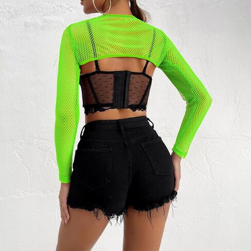 Mesh Long Sleeve Top for Women Mesh Crop Top Rave Outfits for Women Fishnet Top for Festival Club Party in Saudi Arabia