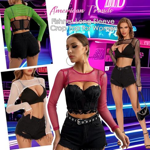 Mesh Long Sleeve Top for Women Mesh Crop Top Rave Outfits for Women Fishnet Top for Festival Club Party in Saudi Arabia