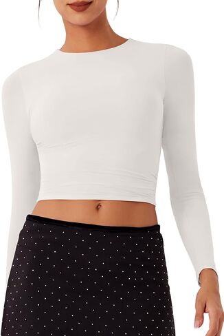 REORIA Women's Long Sleeve Crew Neck Double Layer Crop Top 2025 Fall/Winter Designer Collection in Saudi Arabia