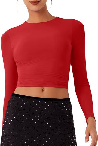 REORIA Women's Long Sleeve Crew Neck Double Layer Crop Top 2025 Fall/Winter Designer Collection in Saudi Arabia