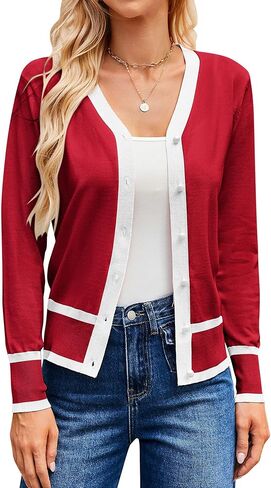 GRACE KARIN Womens Contrast Color Block Cardigan Sweaters Lightweight Long Sleeve Cropped Cardigan V-Neck Striped Shrugs in Kuwait