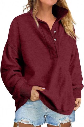 Womens Oversized Sweatshirt Fall Casual Mock Neck Fleece Sweatshirts No Hood Loose Long Sleeve Henley Pullover Tops in Saudi Arabia