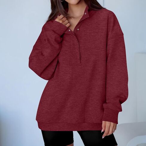 Womens Oversized Sweatshirt Fall Casual Mock Neck Fleece Sweatshirts No Hood Loose Long Sleeve Henley Pullover Tops in Saudi Arabia