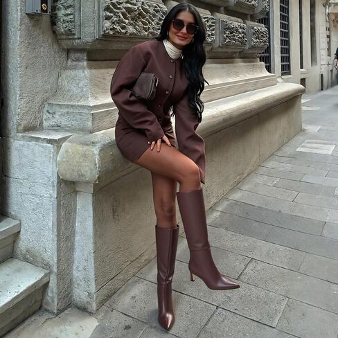 أحذية عالية في الركبة النسائية واسعة العجل هريرة كعب أحذية طويلة أشار تو من جلد الغزال أحذية طويلة فستان عصري جلد منخفض الكعب أحذية عالية سحب على in Kuwait