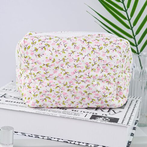 Quilted Makeup Bag Floral Cotton Make up Bag Puffy Coquette Makeup pouch Aesthetic Cute Travel Toiletry Bag for Women Girls in Saudi Arabia