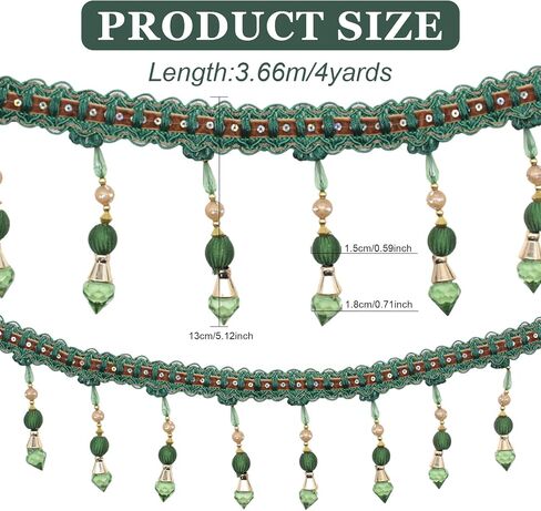Yalulu 4 Yards Multicolor Beaded Hanging Ball Tassel Fringe Trim Bead Sewing Trim Fringe for Curtain Tablecloth Home Decoration (Green) in Saudi Arabia