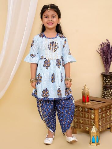Superminis Baby Girls Jaipuri Print Frock Style Kurti with Frill Sleeves Salwar with Elastic Closure Ethnic Dress in Saudi Arabia