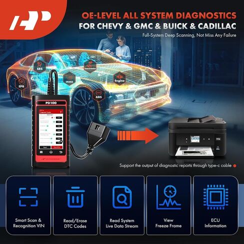 A-Premium 2024 PD100G لأداة تشخيص الماسح الضوئي OBD2 لنظام GM الكامل، أداة مسح ضوئي لقارئ الرمز ثنائي الاتجاه، مع إعادة ضبط كاملة/ترميز ECU/إعادة ضبط ABS للزيت/سجل البطارية/Fit Chevy GMC Buick Cadillac in Saudi Arabia