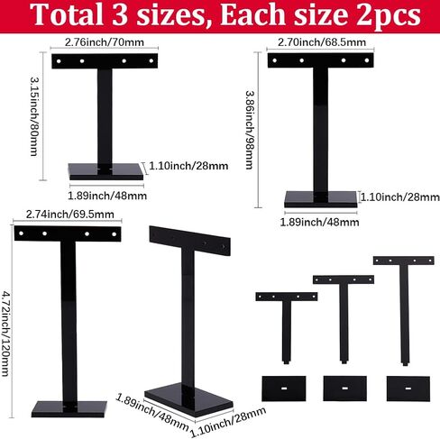 SUNNYCLUE 6Pcs 3 Sizes Earring Display Stand Earring Display Holder Set Acrylic Jewelry Holders Necklaces Bracelet Ear Studs Organizer Black T Bar Jewelry Stands for Selling Storage Show Photo in Saudi Arabia