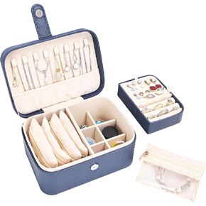 2 Layer Portable Jewelry Box, Large Jewelry Travel Case with 4 Velvet Jewelry Pouches, Medium Size Jewelry Organizer Box for Earrings, Necklaces, Bracelets (dark blue) in Saudi Arabia