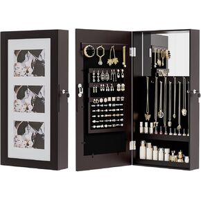 منظم مجوهرات VINGLI بني مثبت على الحائط للنساء، إطار صور 3 في 1، مرآة وخزانة تخزين قابلة للقفل، صندوق مجوهرات معلق للأقراط والخواتم والقلائد والأساور، هدية موفرة للمساحة in Kuwait