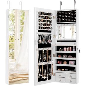 COSTWAY LED Mirror Jewelry Cabinet, Full Length Mirror with Jewelry Storage, Lockable Hanging Jewelry Holder Organizer with Built-in Mirror, Wall Door Mounted Jewelry Armoire for Women Girls (Black) in Saudi Arabia