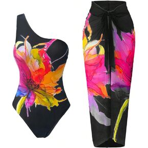 Women’s One Shoulder One Piece Swimsuit with Tummy Control and Vintage Floral Print, with Sarong Wrap Skirt in Saudi Arabia