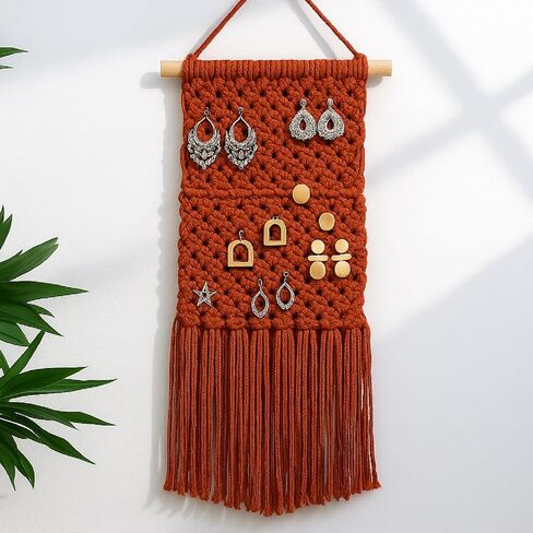 Macrame Jewelry Holder Rustic Boho Earring Organizer Display Crochet Weave Tapestry Wall Hanging Earring Holder Minimalist Vintage Decor Tassel for Christmas Women Girls Gift Bedroom Living Room Decor in Saudi Arabia