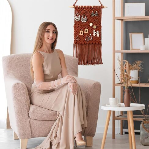 Macrame Jewelry Holder Rustic Boho Earring Organizer Display Crochet Weave Tapestry Wall Hanging Earring Holder Minimalist Vintage Decor Tassel for Christmas Women Girls Gift Bedroom Living Room Decor in Saudi Arabia