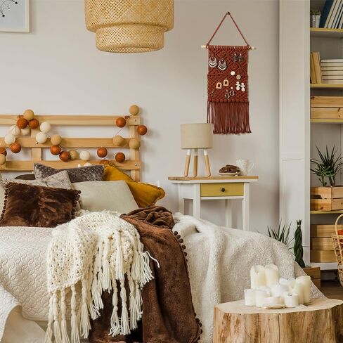Macrame Jewelry Holder Rustic Boho Earring Organizer Display Crochet Weave Tapestry Wall Hanging Earring Holder Minimalist Vintage Decor Tassel for Christmas Women Girls Gift Bedroom Living Room Decor in Saudi Arabia