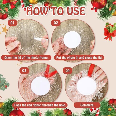 Chunful 24 Pcs Christmas Snowflake Hanging Photo Frame Clear Snowflake Ornaments with Red Ribbon Acrylic Blank Picture Frame Xmas Hanging Photo Ornaments or Christmas Tree Decoration in Saudi Arabia
