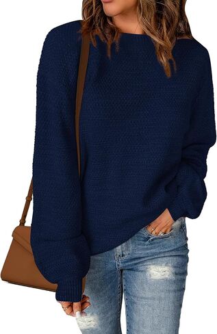 Sucolan Navy Blue Pullover Sweaters for Women Fall 2024 Long Sleeve Knit Tops Oversized Pullover Sweater Dressy Casual L in Saudi Arabia