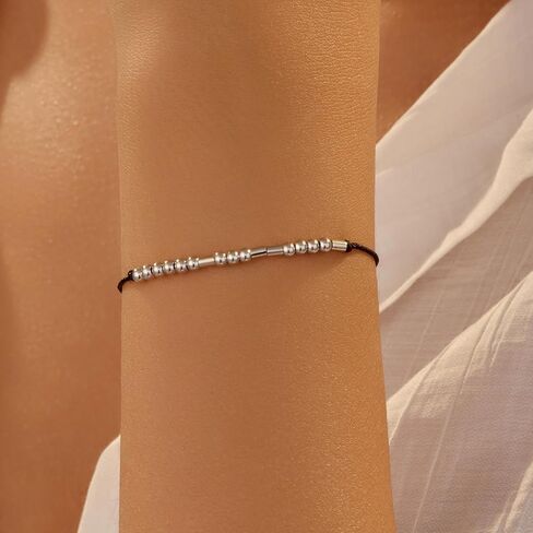 1 PCS Silver Bracelets Stack with Black Rope, Morse Code Charm Stackable Bracelets for Women, Elegance Trendy Gold Beaded Chain, Women's Fashionable Jewelry, A Unique Friendship Token in Saudi Arabia