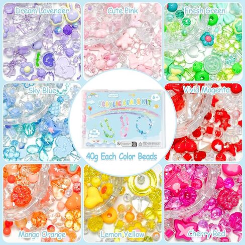 JoyJellies Assorted Acrylic Beads for Bracelets, 4 Colors 260+PCS Charms Keychain Making Kit with String Key Ring Clips Cute Bow Heart Star Beads for Girls Jewelry Making Crafts DIY Phone Bag Charms in Saudi Arabia