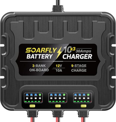 شاحن بطاريات 3 Bank Marine، 12V 30A (10A/Bank) شاحن بطارية ذكي مقاوم للماء على متن القارب، جهاز صيانة البطارية وإزالة الكبريت لبطاريات SLA/AGM/الليثيوم (LiFePO4)، والكالسيوم والدورة العميقة in Kuwait