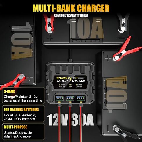 شاحن بطاريات 3 Bank Marine، 12V 30A (10A/Bank) شاحن بطارية ذكي مقاوم للماء على متن القارب، جهاز صيانة البطارية وإزالة الكبريت لبطاريات SLA/AGM/الليثيوم (LiFePO4)، والكالسيوم والدورة العميقة in Kuwait