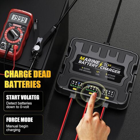 شاحن بطاريات 3 Bank Marine، 12V 30A (10A/Bank) شاحن بطارية ذكي مقاوم للماء على متن القارب، جهاز صيانة البطارية وإزالة الكبريت لبطاريات SLA/AGM/الليثيوم (LiFePO4)، والكالسيوم والدورة العميقة in Kuwait