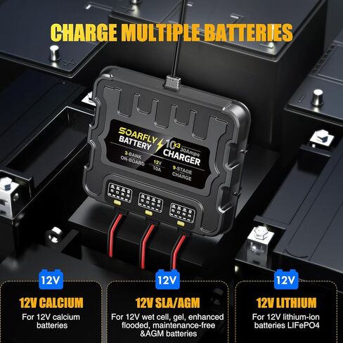 شاحن بطاريات 3 Bank Marine، 12V 30A (10A/Bank) شاحن بطارية ذكي مقاوم للماء على متن القارب، جهاز صيانة البطارية وإزالة الكبريت لبطاريات SLA/AGM/الليثيوم (LiFePO4)، والكالسيوم والدورة العميقة in Kuwait
