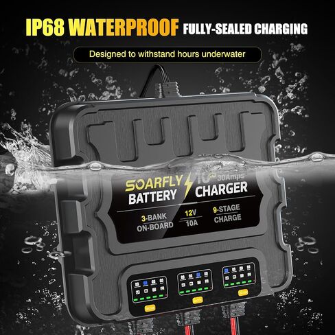 شاحن بطاريات 3 Bank Marine، 12V 30A (10A/Bank) شاحن بطارية ذكي مقاوم للماء على متن القارب، جهاز صيانة البطارية وإزالة الكبريت لبطاريات SLA/AGM/الليثيوم (LiFePO4)، والكالسيوم والدورة العميقة in Kuwait