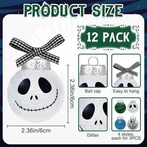 12Pcs Halloween Christmas Night-mare Ball Ornaments for Tree, 2.36'' Glitter Halloween Christmas Tree Decorations Shatterproof Plastic Hanging Baubles for Home Indoor Outdoor Haunted House Party Decor in Saudi Arabia