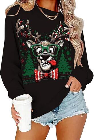 سترة عيد الميلاد القبيحة للسيدات بلوزات جرافيك مضحكة على شكل غزال الرنة سترات كبيرة الحجم لشجرة الكريسماس بلوفر عيد الميلاد in Kuwait