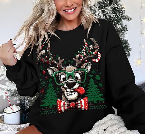 سترة عيد الميلاد القبيحة للسيدات بلوزات جرافيك مضحكة على شكل غزال الرنة سترات كبيرة الحجم لشجرة الكريسماس بلوفر عيد الميلاد in Kuwait