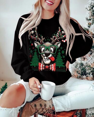 سترة عيد الميلاد القبيحة للسيدات بلوزات جرافيك مضحكة على شكل غزال الرنة سترات كبيرة الحجم لشجرة الكريسماس بلوفر عيد الميلاد in Kuwait
