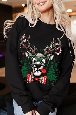 سترة عيد الميلاد القبيحة للسيدات بلوزات جرافيك مضحكة على شكل غزال الرنة سترات كبيرة الحجم لشجرة الكريسماس بلوفر عيد الميلاد in Kuwait