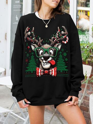 سترة عيد الميلاد القبيحة للسيدات بلوزات جرافيك مضحكة على شكل غزال الرنة سترات كبيرة الحجم لشجرة الكريسماس بلوفر عيد الميلاد in Kuwait