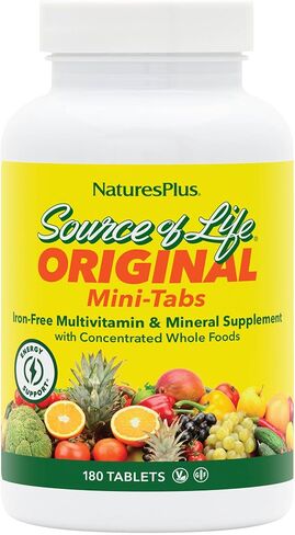 علامات تبويب Natures Plus Source of Life الصغيرة بدون حديد - 180 قرصًا نباتيًا صغيرًا - من السهل ابتلاع أغذية طبيعية كاملة ومكمل متعدد الفيتامينات والمعادن للصحة والطاقة - 30 وجبة in Kuwait