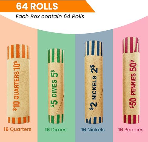 PM Company 128 Pcs Preformed Coin Wrappers Rolls — Assorted Heavy Duty Rolls Wrappers for Quarters, Pennies, Nickels, and Dimes in Kuwait