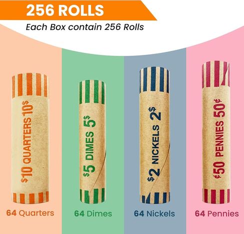 PM Company 128 Pcs Preformed Coin Wrappers Rolls — Assorted Heavy Duty Rolls Wrappers for Quarters, Pennies, Nickels, and Dimes in Kuwait