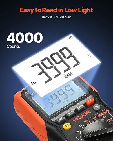 VEVOR Digital Multimeter, 4000-Count TRMS Voltmeter Ohmmeter, 1000V AC/DC Voltage Tester with Switchable Auto/Manual Range for Voltage, Resistance, and Continuity Measurment in Saudi Arabia