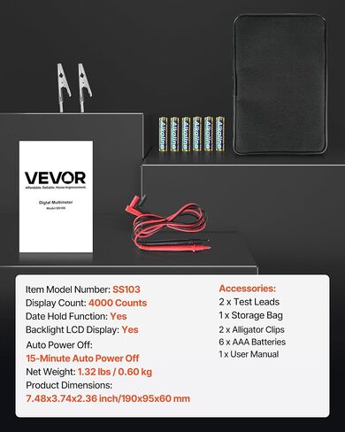 VEVOR Digital Multimeter, 4000-Count TRMS Voltmeter Ohmmeter, 1000V AC/DC Voltage Tester with Switchable Auto/Manual Range for Voltage, Resistance, and Continuity Measurment in Saudi Arabia