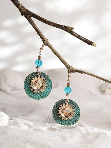 MINACHI Bohemian Engraved Circle Disc Dangle Drop Earrings with Bead Accents, Boho Hippe Jewelry Gift for Women in Saudi Arabia