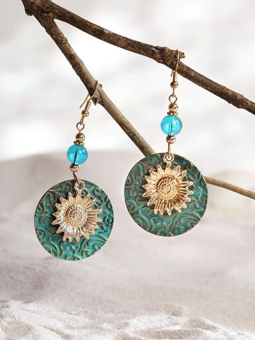 MINACHI Bohemian Engraved Circle Disc Dangle Drop Earrings with Bead Accents, Boho Hippe Jewelry Gift for Women in Saudi Arabia
