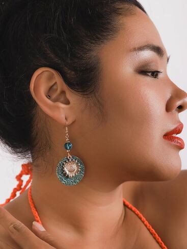 MINACHI Bohemian Engraved Circle Disc Dangle Drop Earrings with Bead Accents, Boho Hippe Jewelry Gift for Women in Saudi Arabia