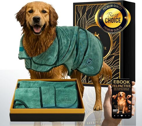 | FELPACTION® Super Assorbent Dog Bathrobe Double Layer Premium + ebook of the Secrets التي يحتاجها حيوانك الأليف | الألياف الدقيقة الفاخرة السريعة | أردية الكلب لبعد حمام | لينة وملائمة | الكلاب حمام لوازم in Kuwait