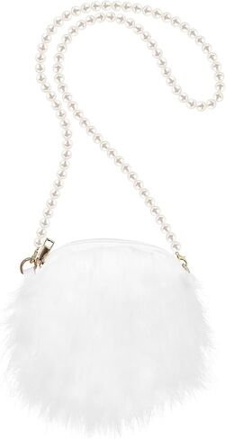 VICASKY White Pearl Purse Cute Crossbody Small Mini For Women Wristlet Bag Little Girls Cross Body Bow Dressy Crossbody Bag Plush Pearl Chain Cellphone Small Fuzzy Shoulder Pouch in Saudi Arabia