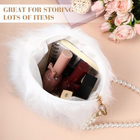 VICASKY White Pearl Purse Cute Crossbody Small Mini For Women Wristlet Bag Little Girls Cross Body Bow Dressy Crossbody Bag Plush Pearl Chain Cellphone Small Fuzzy Shoulder Pouch in Saudi Arabia