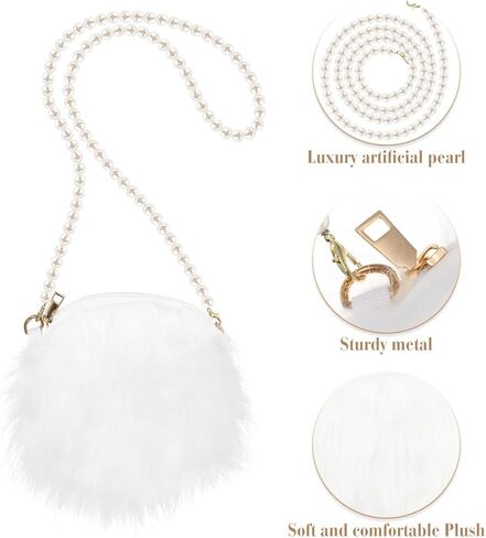 VICASKY White Pearl Purse Cute Crossbody Small Mini For Women Wristlet Bag Little Girls Cross Body Bow Dressy Crossbody Bag Plush Pearl Chain Cellphone Small Fuzzy Shoulder Pouch in Saudi Arabia