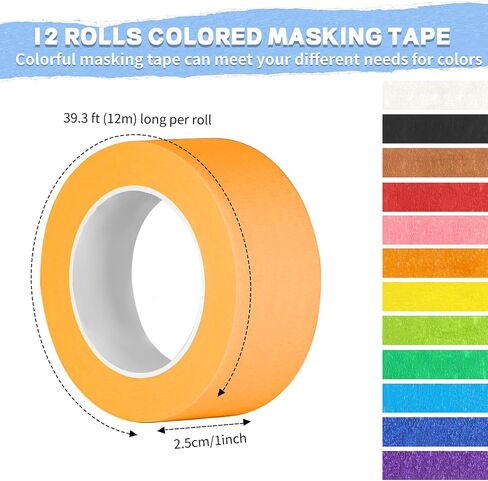 12PCS Colored Masking Tape, Colored Tape for Kids Art Supplies, DIY Craft Tape, Colored Painters Tape for Labeling, Classroom, Decorative, Rainbow Color Tape Rolls 2/3In x 13Yards(1.7cm x 12m) in Kuwait
