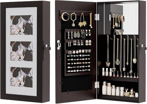منظم مجوهرات VINGLI بني مثبت على الحائط للنساء، إطار صور 3 في 1، مرآة وخزانة تخزين قابلة للقفل، صندوق مجوهرات معلق للأقراط والخواتم والقلائد والأساور، هدية موفرة للمساحة in Kuwait