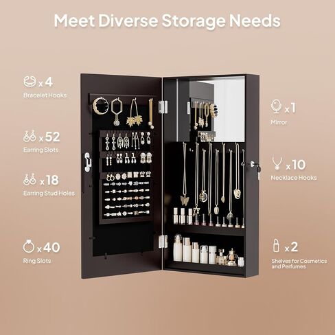 منظم مجوهرات VINGLI بني مثبت على الحائط للنساء، إطار صور 3 في 1، مرآة وخزانة تخزين قابلة للقفل، صندوق مجوهرات معلق للأقراط والخواتم والقلائد والأساور، هدية موفرة للمساحة in Kuwait